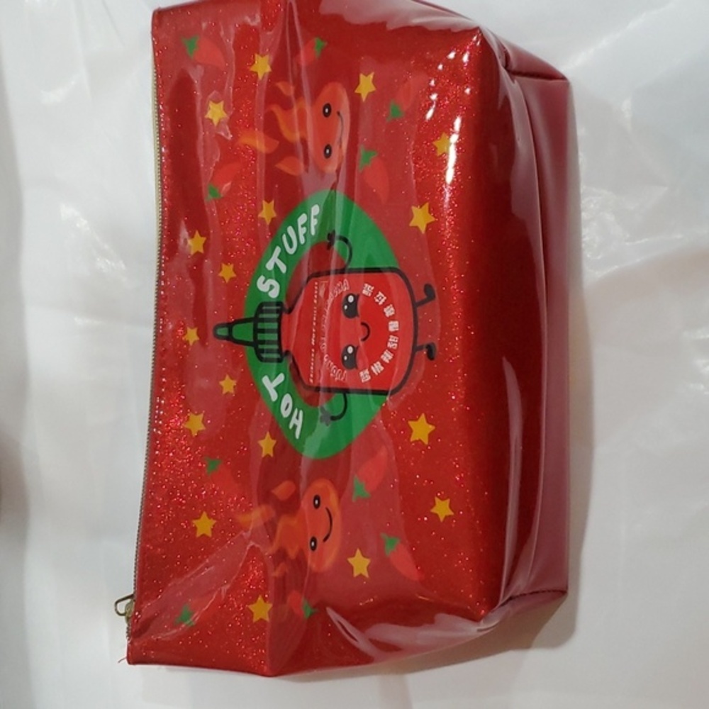 Sparkly Red patent iridescent Sriracha sauce cosmetic beauty pouch bag case new